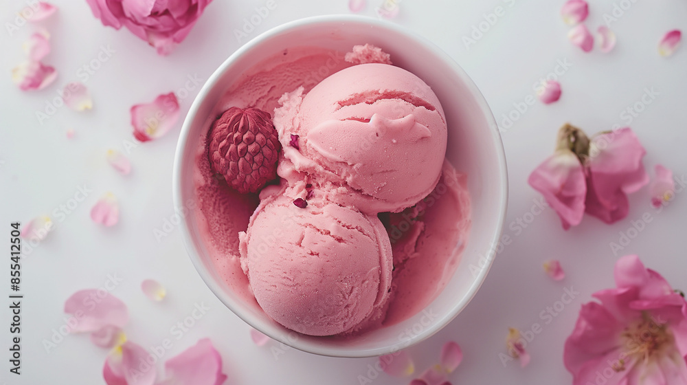 Exotic lychee and rose gelato, an image of exotic lychee and rose gelato, its pale color with subtle floral notes set against a white background