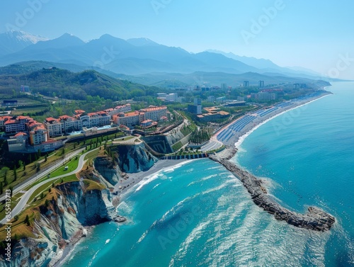 Aerial view of the Sochi with its coastal resorts and surrounding mountains in Russia   photo