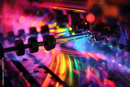 A highenergy visualization of Raman spectroscopy with laser light interacting with a sample, top view, illustrating molecular vibrations, digital tone, Splitcomplementary color scheme