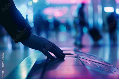 Touchless checkin at a corporate event, focus on the interaction, selective focus, business theme, surreal, manipulation, conference hall backdrop