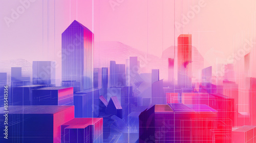 Architectural illustration of minimalist architecture, hexagons and octagons, red and purple shades, futuristic cityscape background, geometric shapes, illustration, digital brush