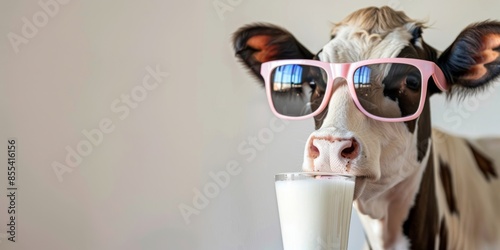 studio photo of a cow wearing sunglasses drinking milk on a white background