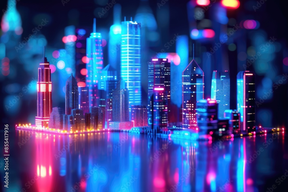 a city with a lot of lights on it, Craft a futuristic city skyline with neon lights