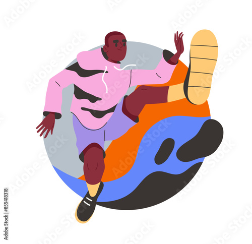 Energetic happy young person. Man jump near abstract pink and black spots. Active lifestyle and sports. Character with youth culture. Cartoon flat vector illustration isolated on white background