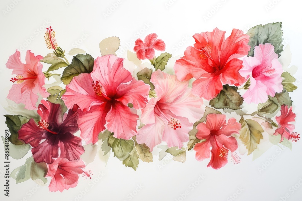 a painting of pink and red flowers on a white background, an arrangement of watercolor hibiscus flowers a painting of pink and red flowers on a white background, an arrangement of watercolor hibiscus flowers