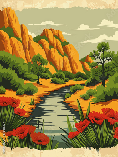 Scenic desert landscape with river, lush vegetation, red flowers, pine trees, orange mountains, cloudy sky, nature illustration