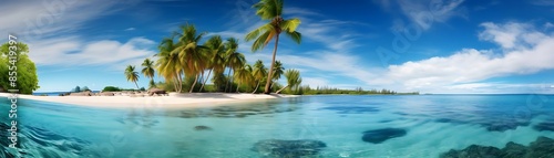 tropical island paradise with lush green trees, crystal blue waters, and fluffy white clouds under a clear blue sky