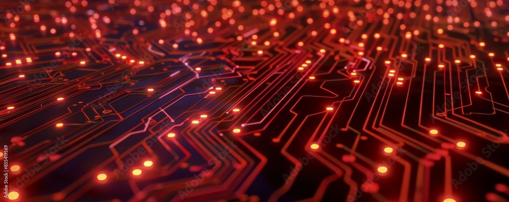 Red glowing electronic circuit board, close-up view. Technology concept Red glowing electronic circuit board, close-up view. Technology concept