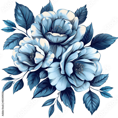 Blue roses floral illustration, detailed botanical artwork, white background, nature-inspired, 