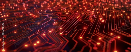 Red glowing electronic circuit board, close-up view. Technology concept