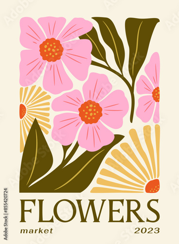 Poster with flowers. Greeting and invitation postcard template. Minimalistic abstract creativity and art. Bloom and blossom plants. Graphic element for website. Flat vector illustration