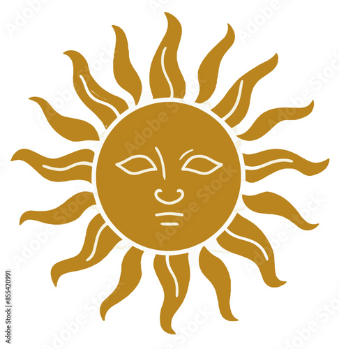 Golden sun with face, stylized sun illustration, celestial symbol, decorative sun art, sun icon, artistic solar design, radiant sunburst, abstract sun face, mythological sun, golden rays