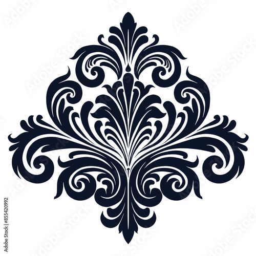 Ornate black floral pattern, vintage damask design, intricate decoration, elegant ornament, decorative motif, classic floral art, baroque style, black and white illustration, detailed decorative art