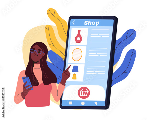 Furniture store online concept. Woman with smartphone selects decor and interior elements for house or apartment. Ordering furniture from Internet marketplace. Cartoon flat vector illustration