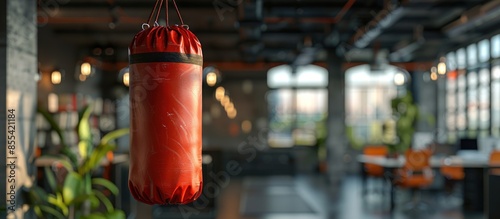 Red Punching Bag Hanging in a Modern Office