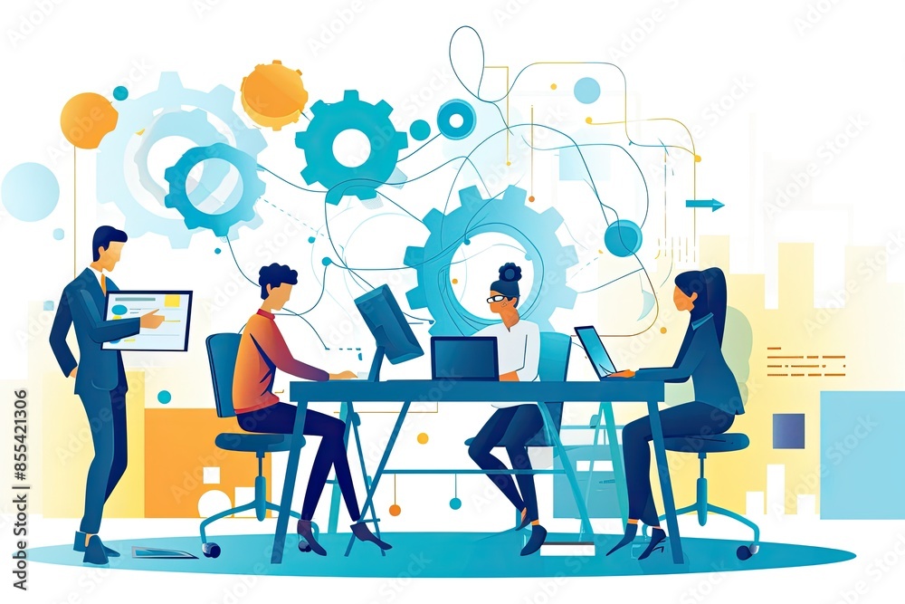 a group of people sitting at a desk with computers, Design a vector illustration of a dynamic team in a software development company a group of people sitting at a desk with computers, Design a vector illustration of a dynamic team in a software development company