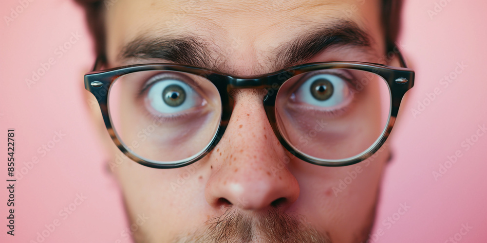 A natural portrait of a man expressing curious. man is looking at the camera and with glasses. the background is pink. the subject is centered with no copy space