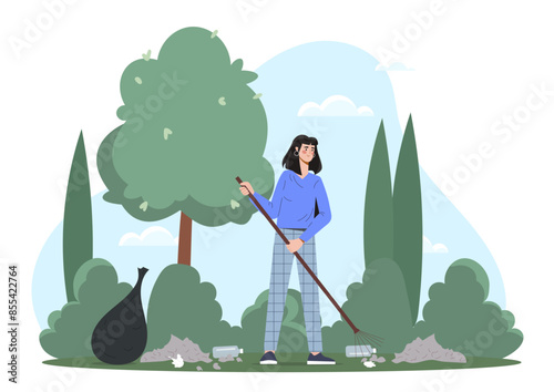 Janitor in city park. Woman with rakes collect garbage from street. Cleanliness and hygiene. Care about ecology and environment. Cartoon flat vector illustration isolated on white background