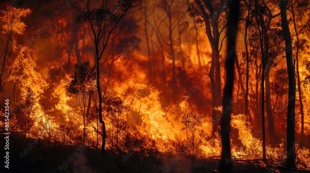 Fiery Forest Fire, Dramatic Silhouette of Trees Amidst Blazing Inferno Fiery Forest Fire, Dramatic Silhouette of Trees Amidst Blazing Inferno
