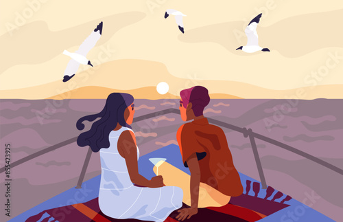Lovers admire sunset concept. Man and woman sits at yacht and watch at sunrise. Romantic meeting and date outdoors. Couple and pair with travel. Social media cover. Cartoon flat vector illustration
