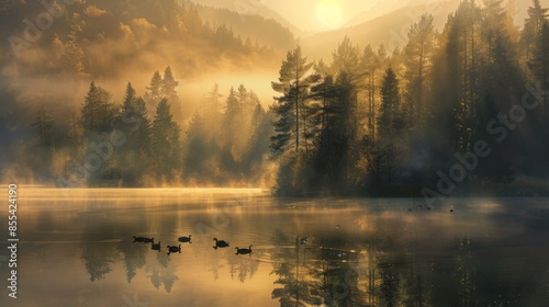 A group of ducks are swimming in a lake with a beautiful Landscape