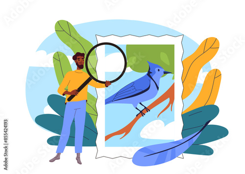 Man collects Postage Stamps. Young guy with magnifying glass near rare stamp with beautiful bird. Person Engage in Philately. Cartoon flat vector illustration isolated on white background