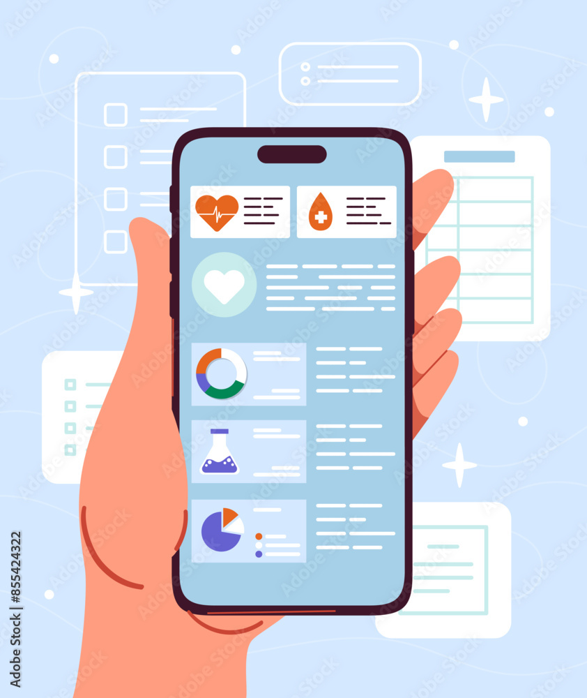 Medical application concept. Hand with smartphone with body test infographics. Health care and medicine, diagnosis and treatment. Cartoon flat vector illustration isolated on white background Medical application concept. Hand with smartphone with body test infographics. Health care and medicine, diagnosis and treatment. Cartoon flat vector illustration isolated on white background