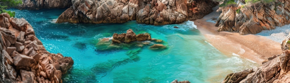 Fototapeta premium A beach with a rocky shoreline and a body of water