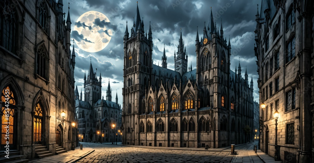 Fototapeta premium gothic castle palace city building at night. medieval goth tower buildings architecture on town street. fantasy dystopian background.