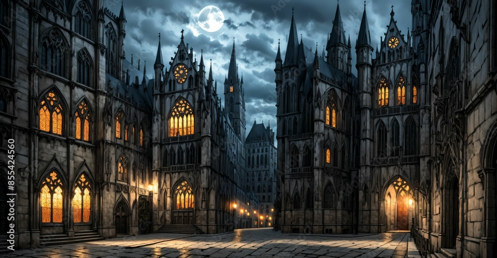 Fototapeta premium gothic castle palace city building at night. medieval goth tower buildings architecture on town street. fantasy dystopian background.