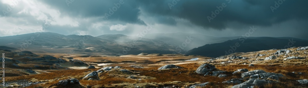 A desolate landscape with a stormy sky