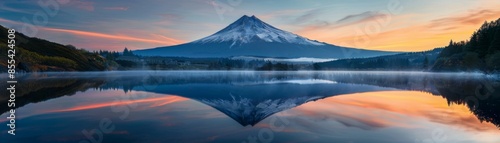 A mountain range is reflected in the water of a lake