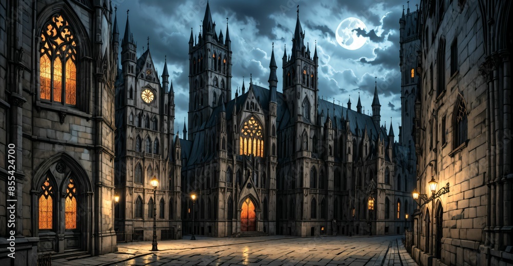 Fototapeta premium gothic castle palace city building at night. medieval goth tower buildings architecture on town street. fantasy dystopian background.
