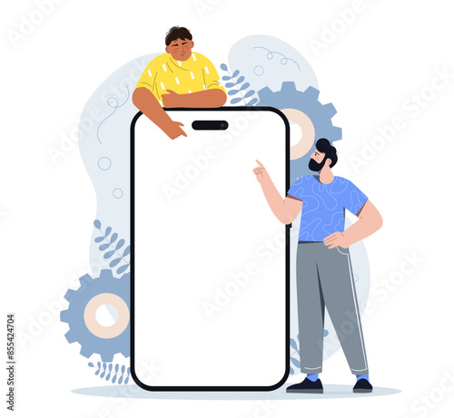 Mobile phone screen. Man and boy near display of mobile phone. Template and layout for UI and UX design elements. Device with copy space. Cartoon flat vector illustration isolated on white background