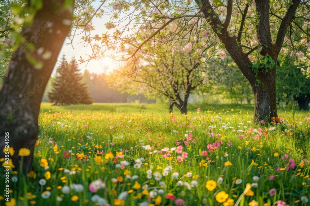 Fototapeta premium A field of flowers with a bright sun shining on them