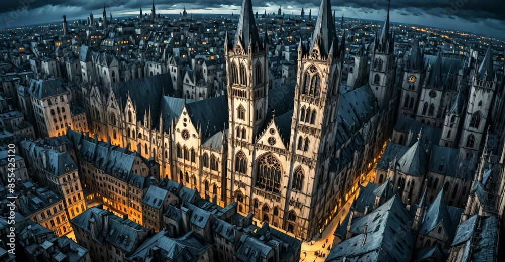 Naklejka premium gothic city buildings and towers cityscape. aerial view bird's eye view. goth castle palace and houses. gothic metropolis dystopian town.