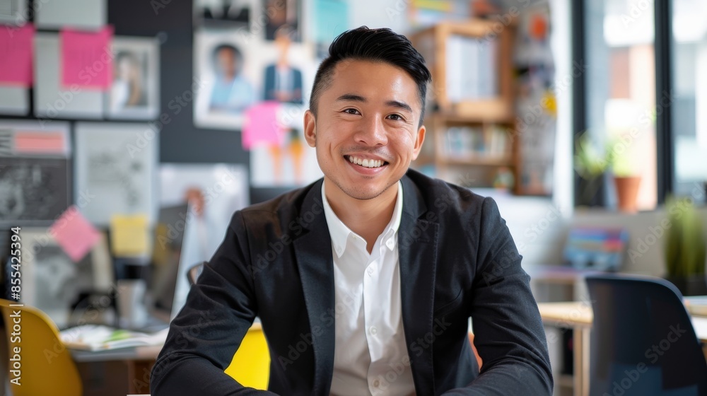 A man in a suit is smiling in front of a wall of pictures. Scene is happy and positive A man in a suit is smiling in front of a wall of pictures. Scene is happy and positive