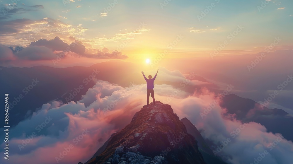 A person is standing on a mountain top, with the sun shining brightly behind them. Concept of accomplishment and triumph, as the person has reached the summit of the mountain