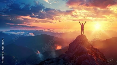 A person is standing on a mountain top, with the sun shining brightly behind them. Concept of accomplishment and triumph, as the person has reached the summit of the mountain