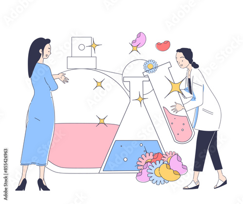 Perfumers making perfume concept. Women near spray bottle. Characters create pleasant aroma and fragnance. Natural beauty product with scent. Linear flat vector illustration isolated on background