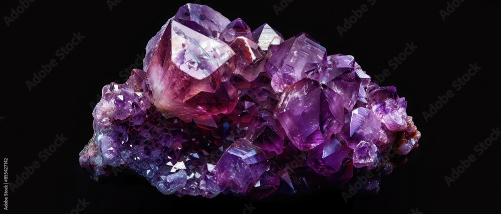 Close-up of a vibrant amethyst crystal cluster, shimmering with purple hues, on a black background Close-up of a vibrant amethyst crystal cluster, shimmering with purple hues, on a black background