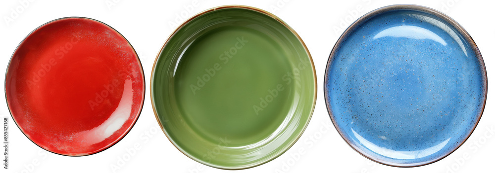 Vibrant Collection of Red, Green, and Blue Plates isolated on transparent background. Vibrant Collection of Red, Green, and Blue Plates isolated on transparent background.