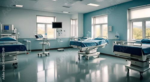 Hospital intensive care room with beds and medical equipment