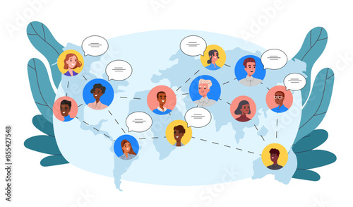 Remote communication concept. Users avatars at world map. Remote interaction in social networks and messengers. Chatting and dialogue. Cartoon flat vector illustration isolated on white background