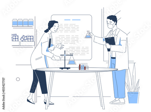 Scientists lab concept. Man and woman in medical uniform conduct sceintific research. Team of chemists with flasks with reagents. Linear flat vector illustration isolated on white background