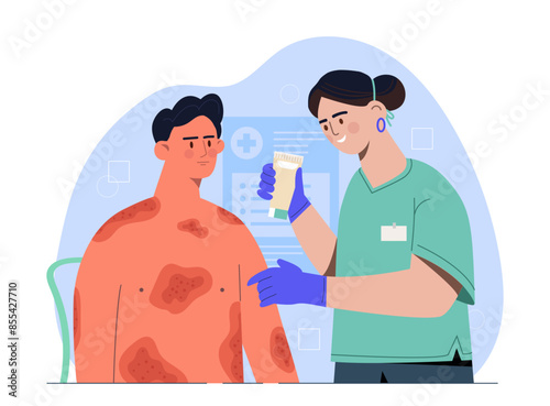 Skin diseases treatment. Female dermatologist applying medicinal cream or lotion to patient inflamed skin. Health care and medicine. Cartoon flat vector illustration isolated on white background