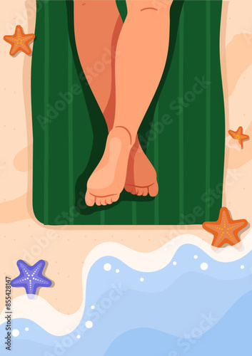 Summer holidays poster. Woman lying at green blanket on sandy beach near sea. Rest and relax in tropical and exotic countries. Travel, tourism and vacation. Cartoon flat vector illustration