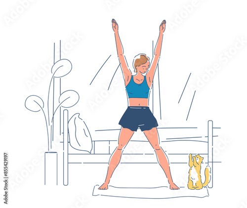 Woman waking up at morning. Girl stretching in bedroom near domestic animal. Active and healthy lifestyle, fitness in apartment. Linear flat vector illustration isolated on white background