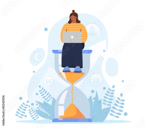 Woman working efficiently concept. Young girl sitting with laptop at hourglass. Time management and organizing productive work process. Cartoon flat vector illustration isolated on white background