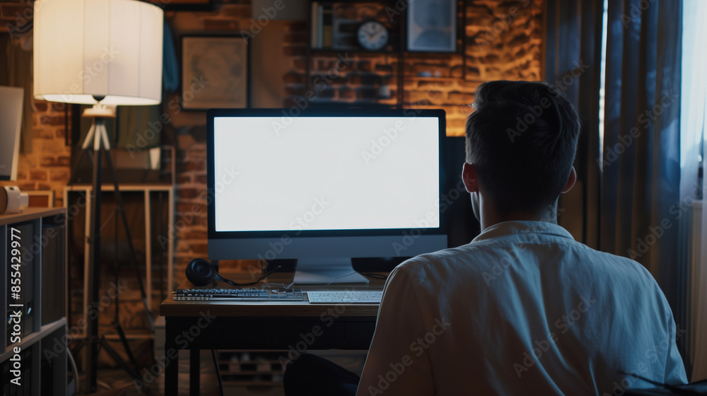 man working in front of computer at home, white screen displayed on monitor, Ai generated Images man working in front of computer at home, white screen displayed on monitor, Ai generated Images